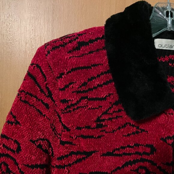Outlander Red Tiger Strips Fur Collar Button Up Sweater - Picture 3 of 7